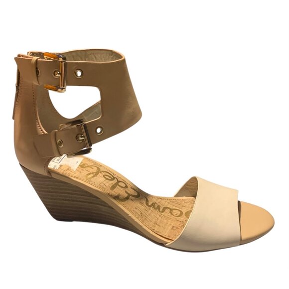 SAM EDELMAN Cream + Beige Leather Susanna Ankle Strap Wedge Sandals Size 6.5M - Picture 4 of 8